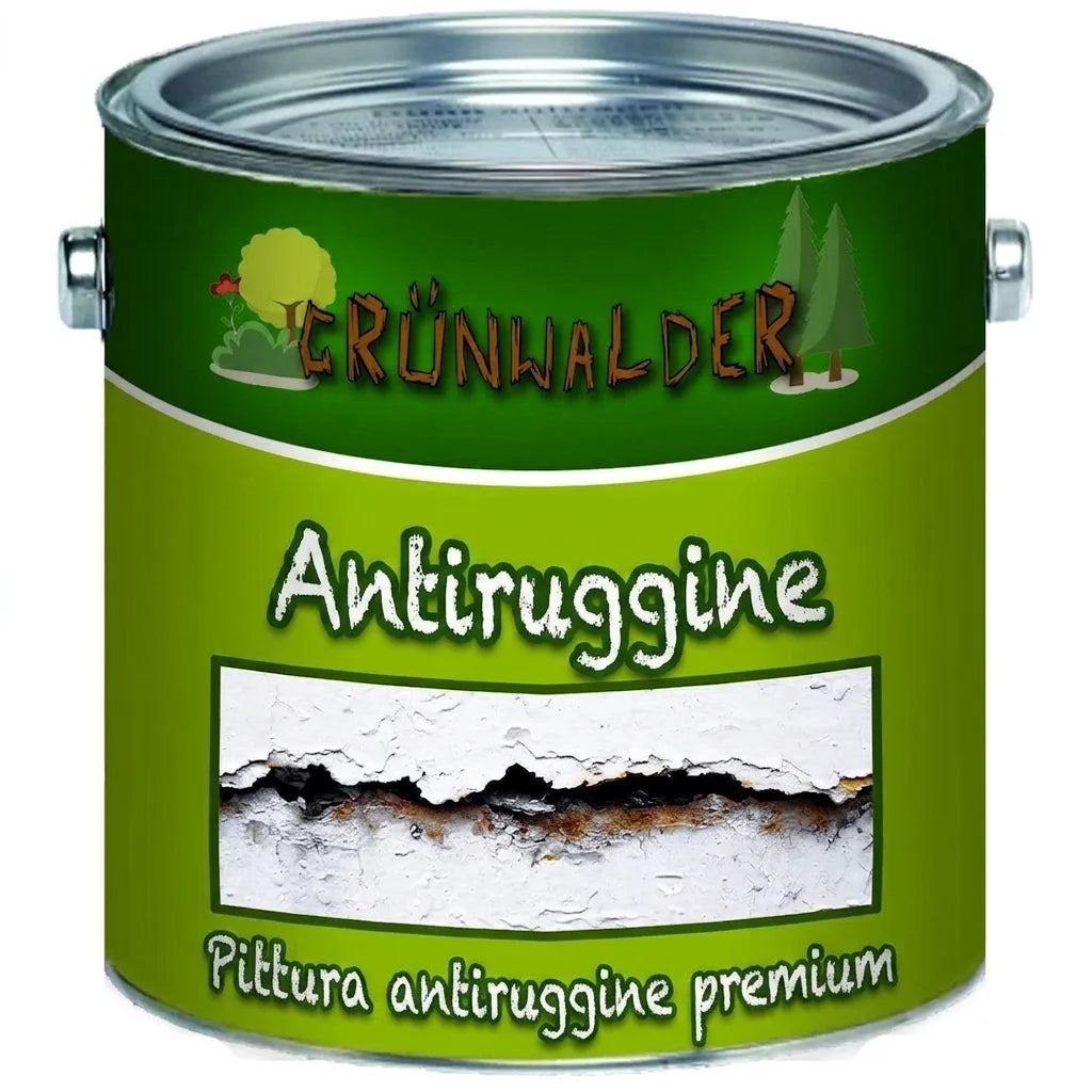 Barattolo di vernice Grünwalder Rostschutz, vernice antiruggine premium per protezione metalli.