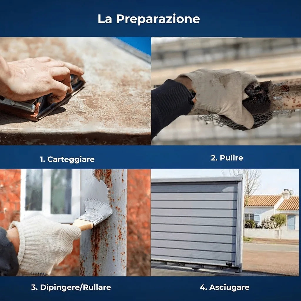 Guida alla preparazione superficiale: levigatura, pulizia, pittura e asciugatura in 4 fasi.