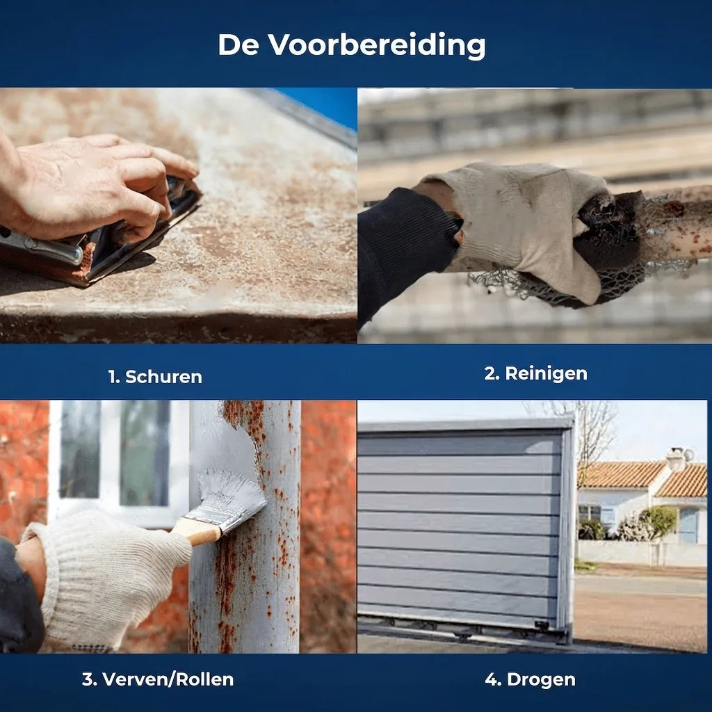 Stappenplan voorbereiding oppervlakte: 1. Schuren, 2. Reinigen, 3. Schilderen/Rollen, 4. Drogen.