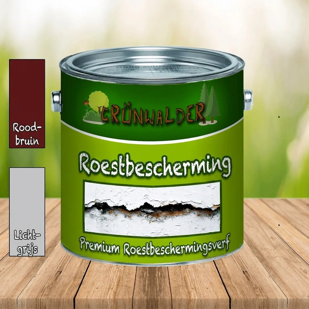 Blik Grünwalder Premium roestbescherming verf, met kleurstalen roodbruin en lichtgrijs.