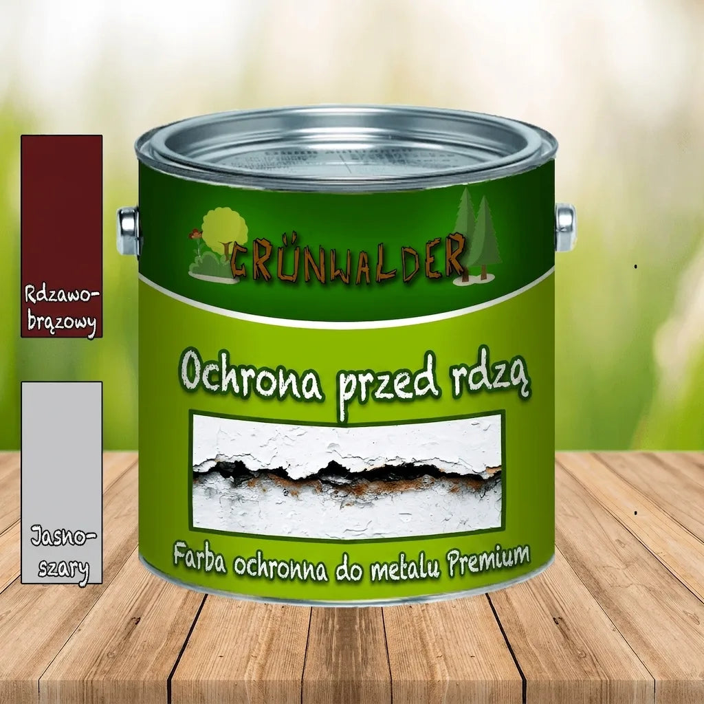 Puszka farby antykorozyjnej Grünwalder. Etykieta produktu, próbki kolorów: czerwonobrązowy, jasnoszary.