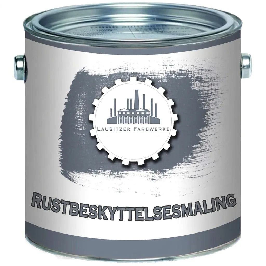Grå malingsdåse fra Lausitzer Farbwerke med logo og teksten "ROSTSCHUTZFARBE" (rustbeskyttelsesmaling).