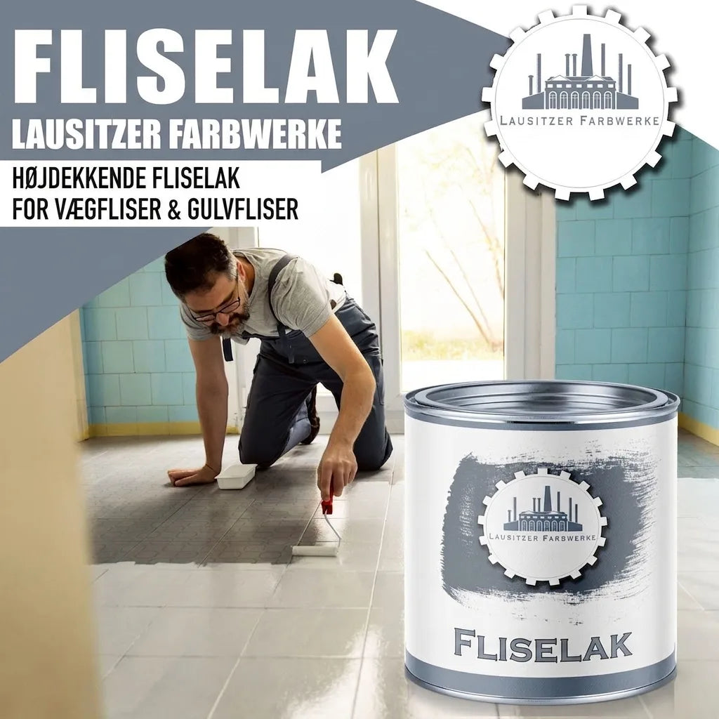 Mand maler gulvfliser med hvid fliseemaling fra Lausitzer Farbwerke. Højdækkende maling til væg- og gulvfliser.