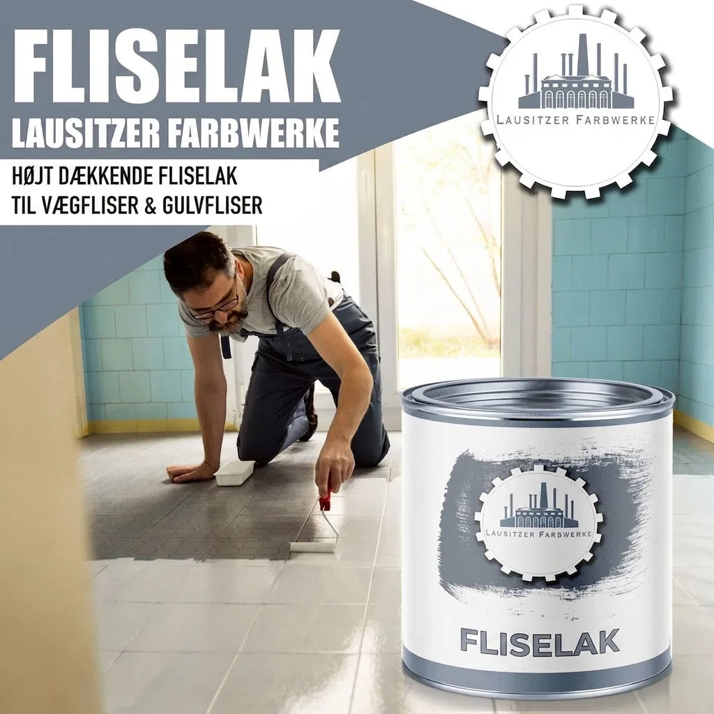 Mand maler gulvfliser hvide med Lausitzer Farbwerke fliseemaling. Helddækkende emaling til væg- og gulvfliser.