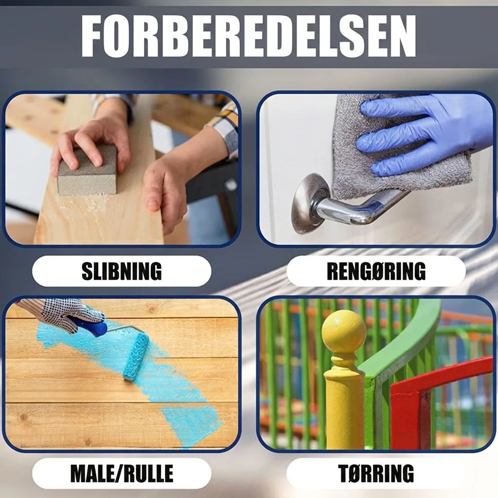 Trin til overfladeforberedelse: slibning, rengøring, maling/rullning og tørring af overflader.