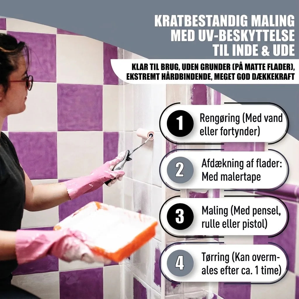 Person maler fliser med ridsefast UV-beskyttende maling til inde/ude. Trin for trin-guide til rengøring, afdækning, maling, tørring.