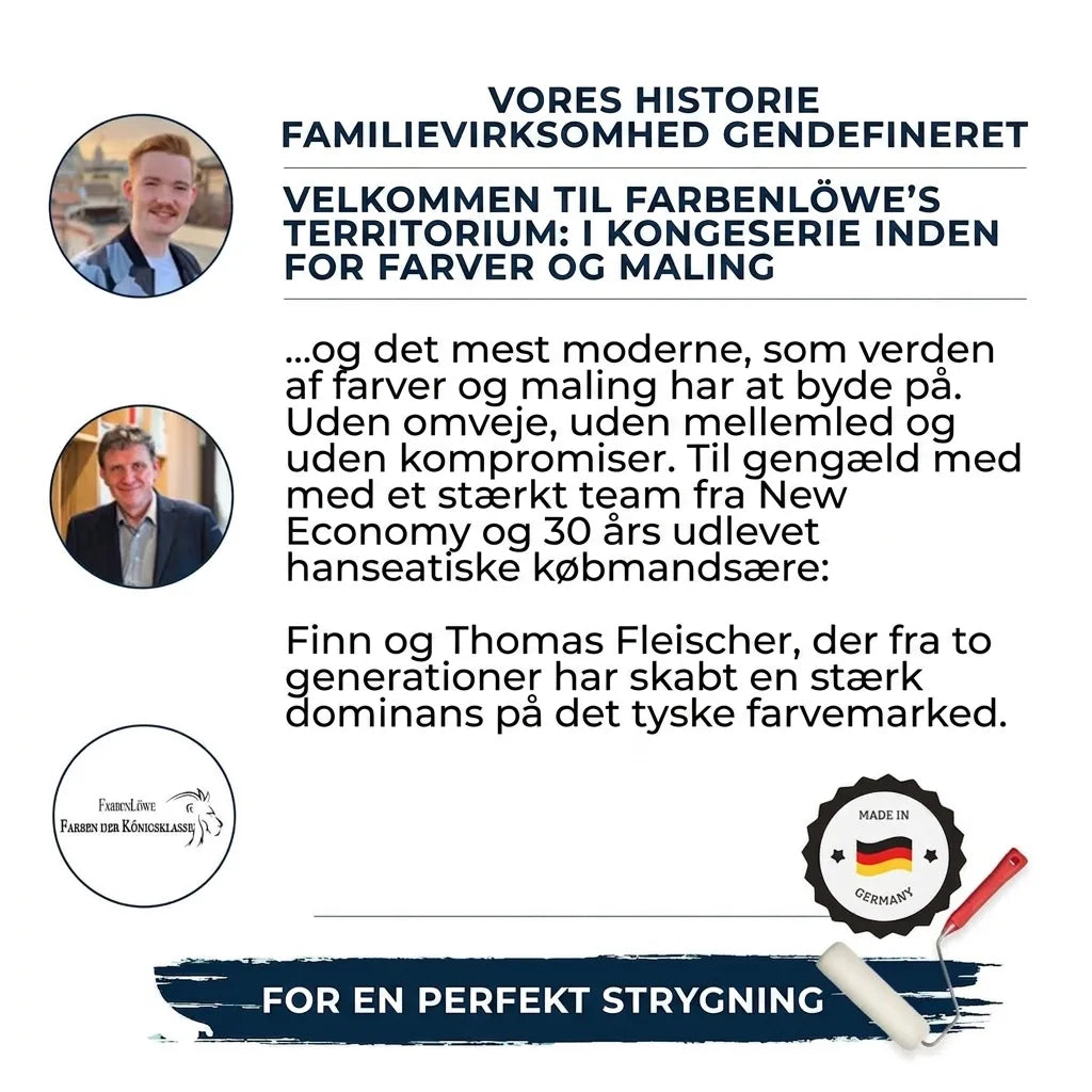 Farbenlöwe familievirksomheds historie med Finn og Thomas Fleischer, om farver og lak i topklasse, Made in Germany.