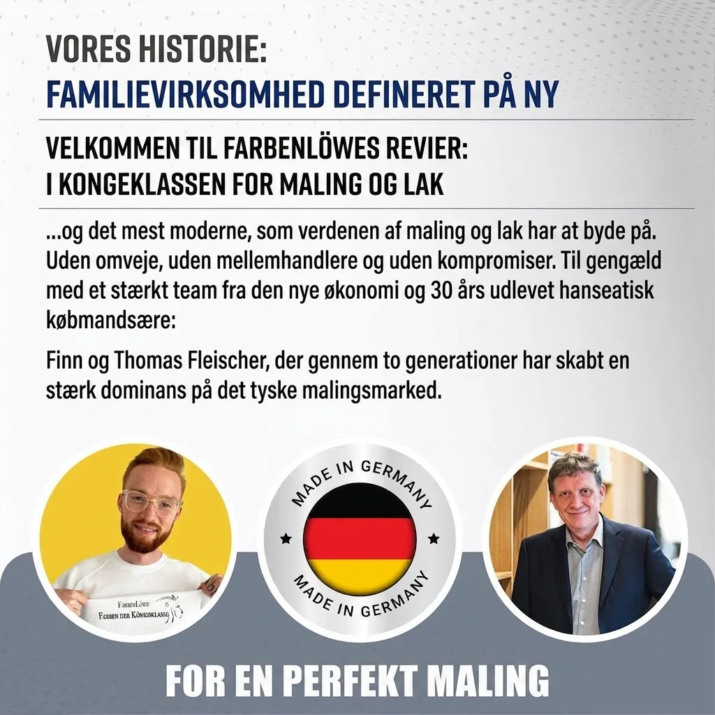 Oplysninger om Farbenlöwe, et tysk familiefirma der producerer premium maling og lak. Med Finn og Thomas Fleischer.