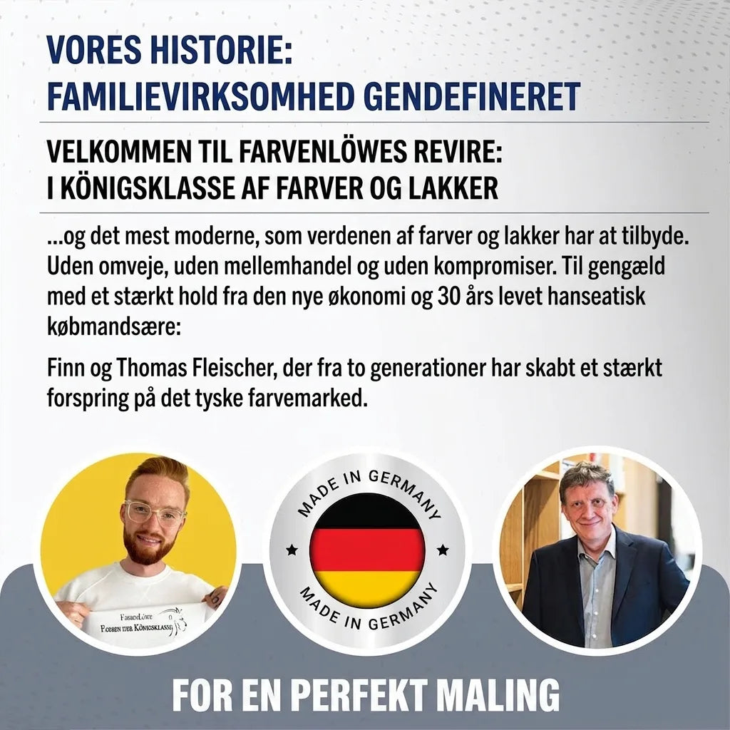 Tysk præsentation af malingsfirma Farbenlöwe: historie, 'Made in Germany' og fotos af grundlæggerne.
