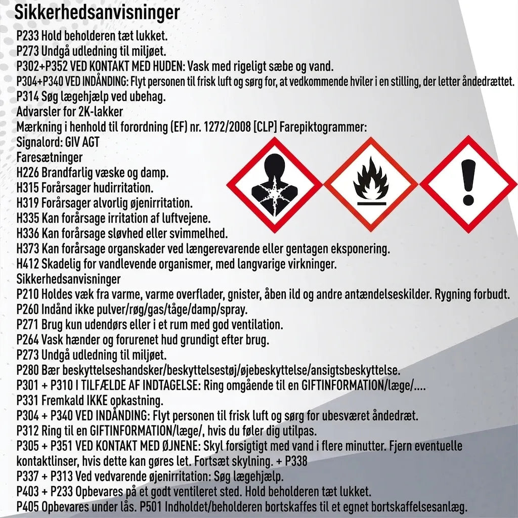 Sikkerhedsinstruktioner og advarsler for 2K lak, inkl. CLP-farepiktogrammer og forholdsregler.