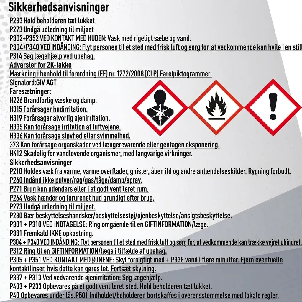 Sikkerhedsinstruktioner og fareadvarsler på tysk, herunder piktogrammer for brandfare, sundhedsfare og generel fare.