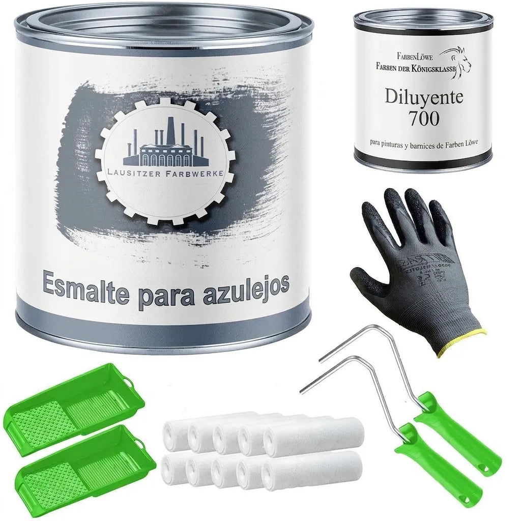 Kit de pintura para azulejos Fliesenlack con diluyente, guantes, rodillos y bandejas de pintura.