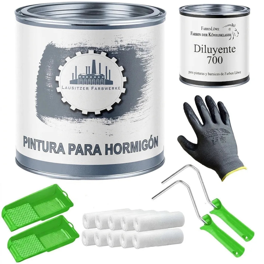 Kit de pintura para hormigón con lata de pintura, diluyente, guantes, rodillos y bandejas verdes.