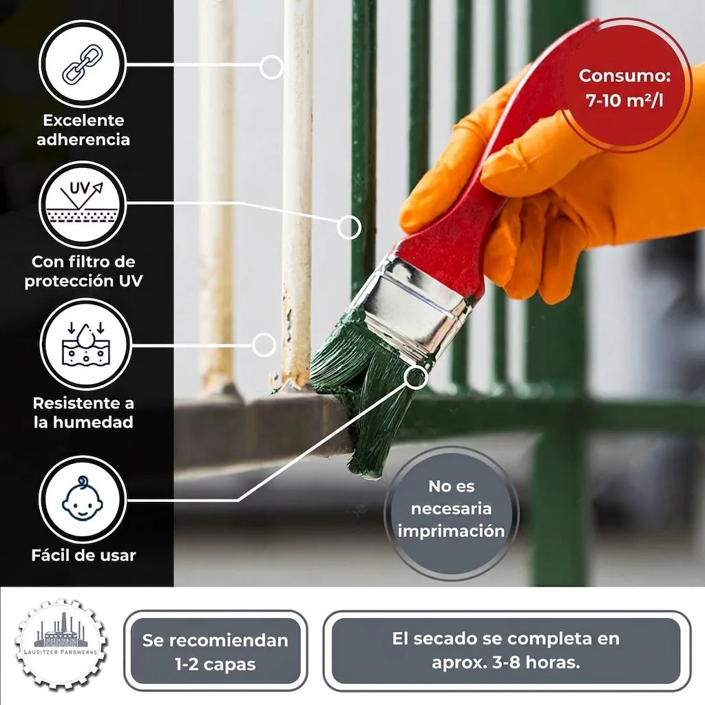 Mano pinta valla con pintura verde. Texto: Excelente adhesión, protección UV, resistente humedad, fácil uso, sin imprimación.