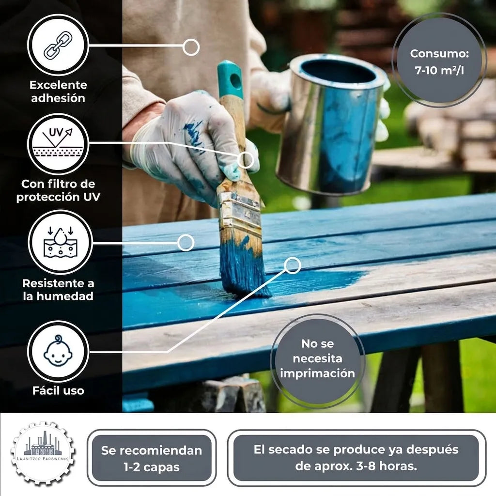 Persona pintando madera de azul. Pintura con protección UV, resistente a humedad, alta adherencia y fácil aplicación.
