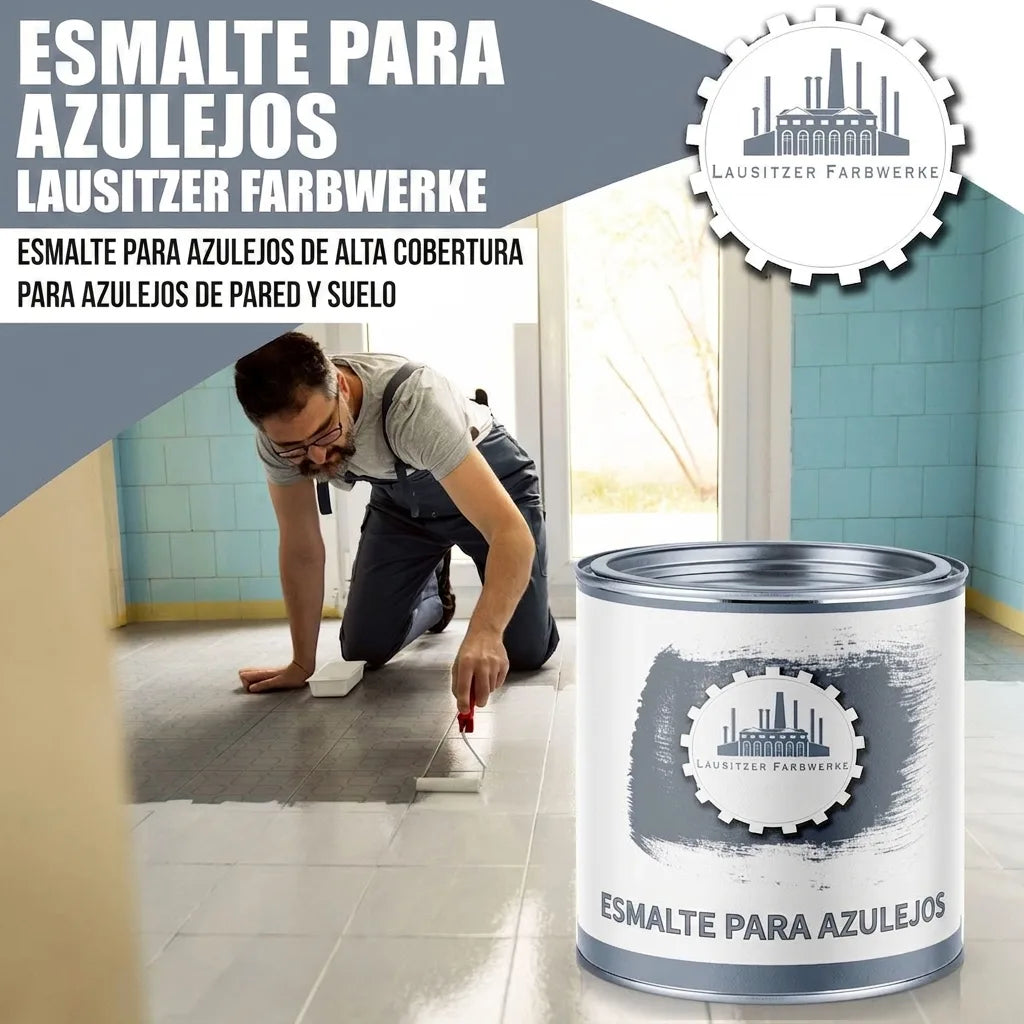 Hombre pinta azulejos con esmalte Fliesenlack de Lausitzer Farbwerke. Alta cobertura para pared y suelo.