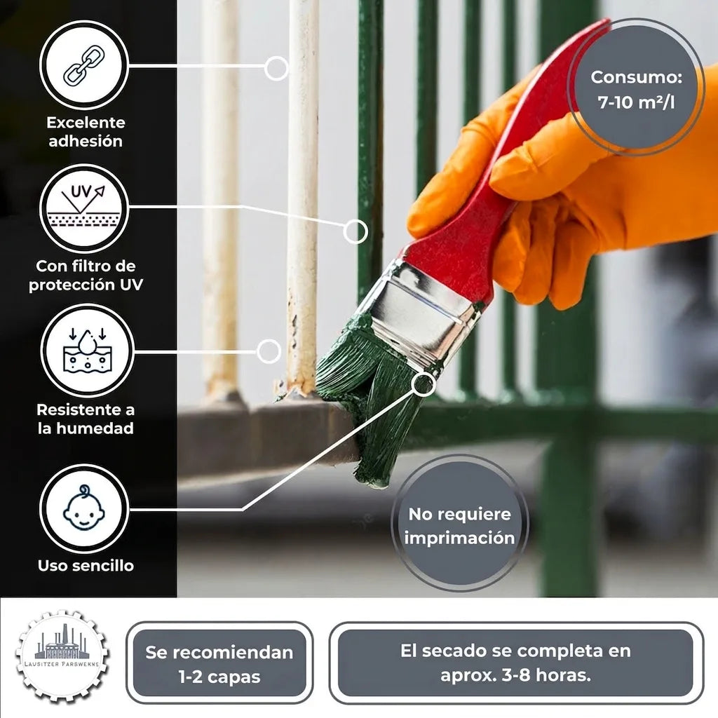 Persona pintando valla. Infografía muestra atributos de pintura: adherencia, UV, humedad, uso fácil, no necesita imprimación.