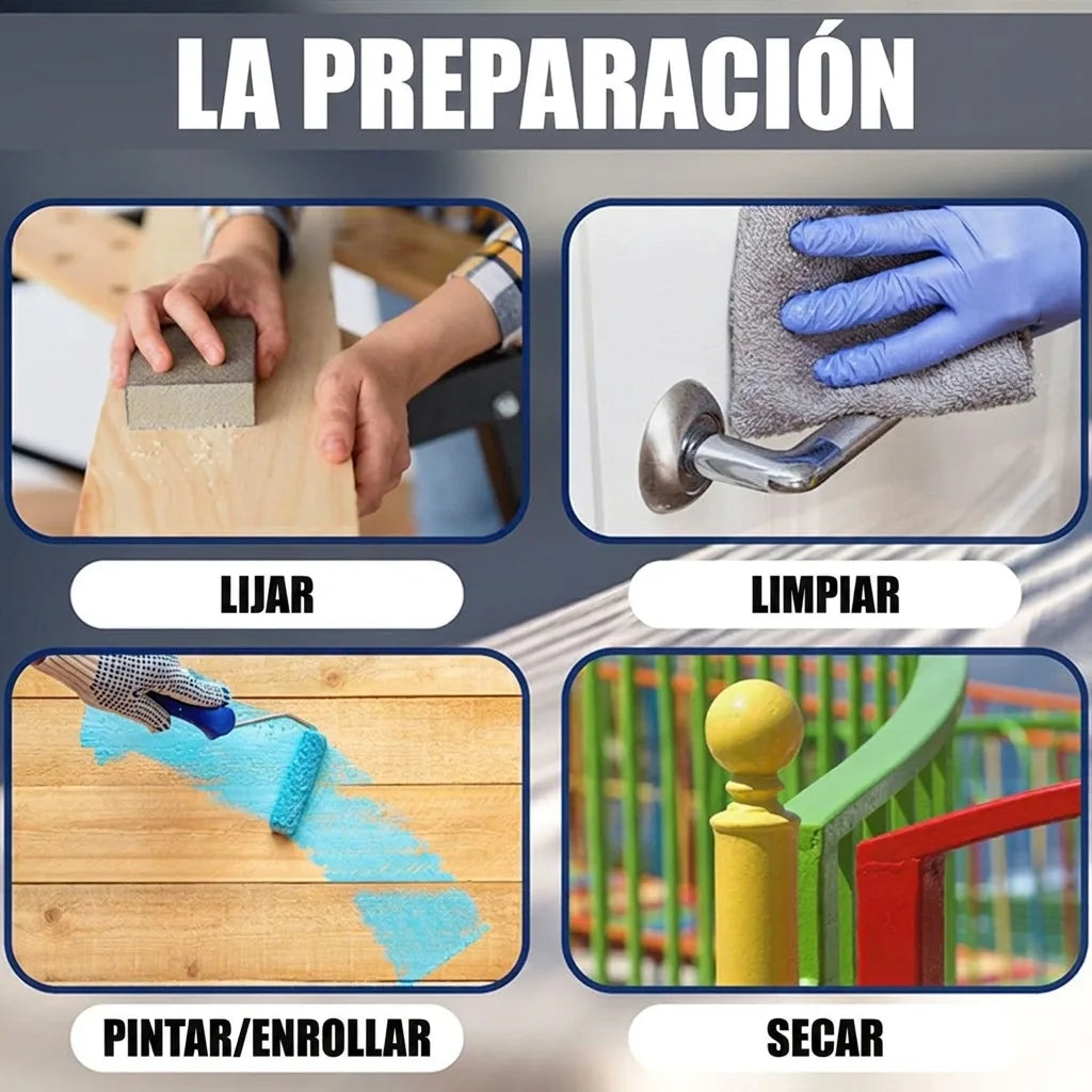 Instrucciones de preparación: lijar, limpiar, pintar/rodar y secar diferentes superficies.