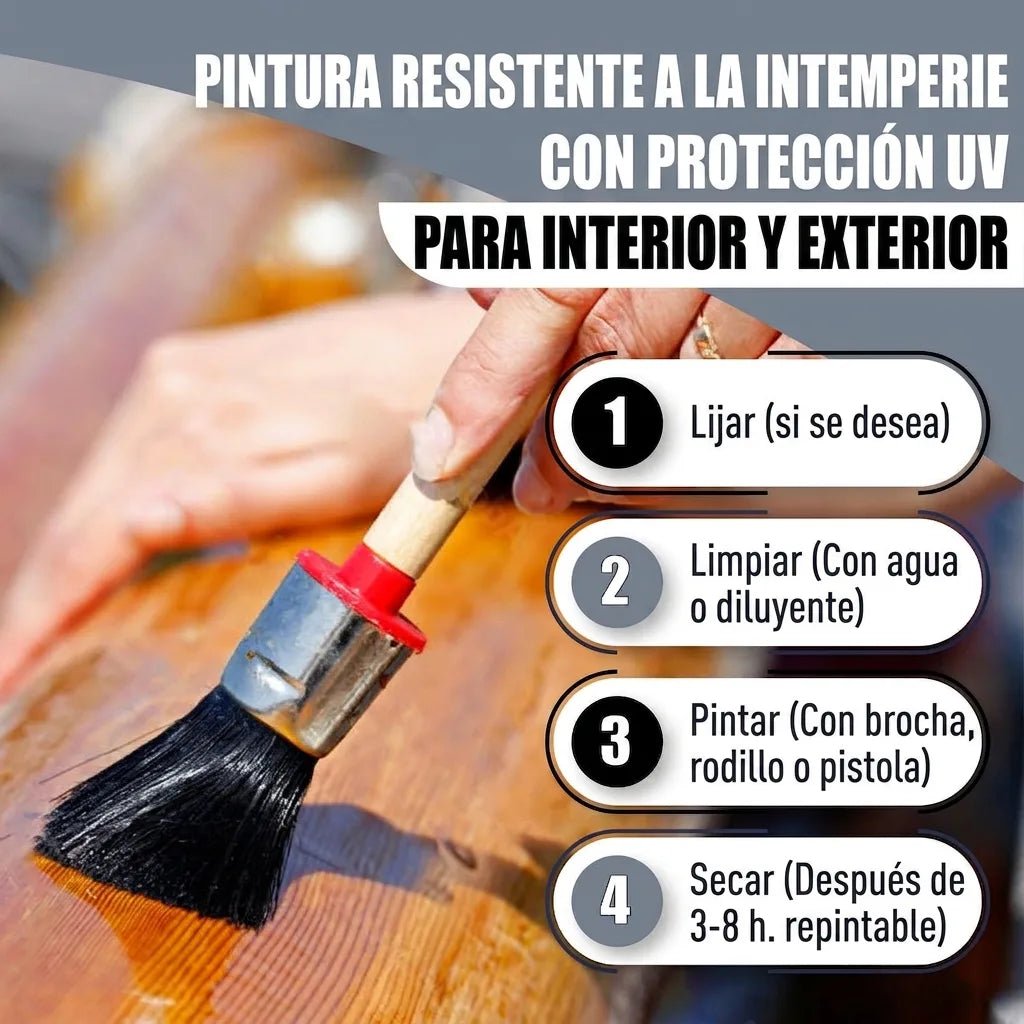 Persona pintando madera con brocha. Texto en alemán sobre pintura resistente a la intemperie UV y pasos de aplicación.