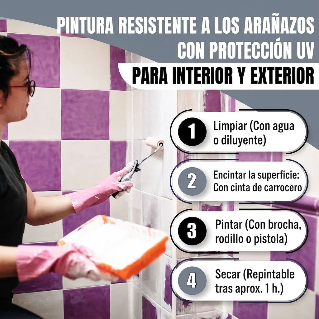 Mujer pintando azulejos, con instrucciones paso a paso para pintura resistente a arañazos con protección UV para interior y exterior.
