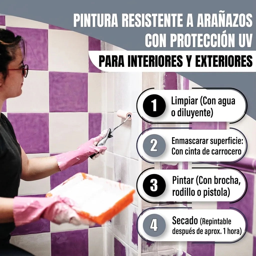 Pintora aplica pintura resistente a arañazos y UV sobre azulejos morados, con instrucciones de uso para interior y exterior.