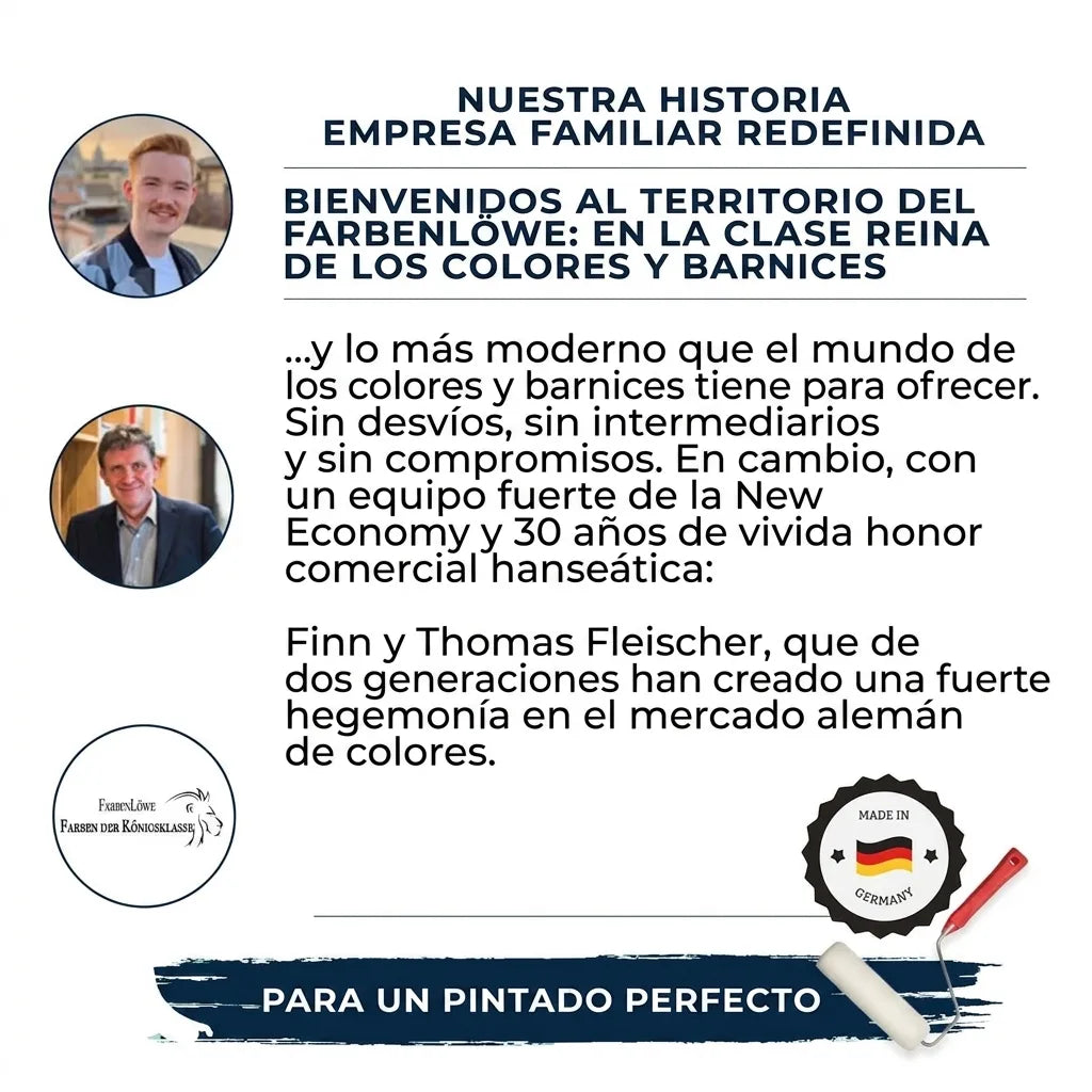 Dos hombres, texto sobre una empresa familiar de pintura alemana, logo Farbenlöwe y herramientas de pintura.