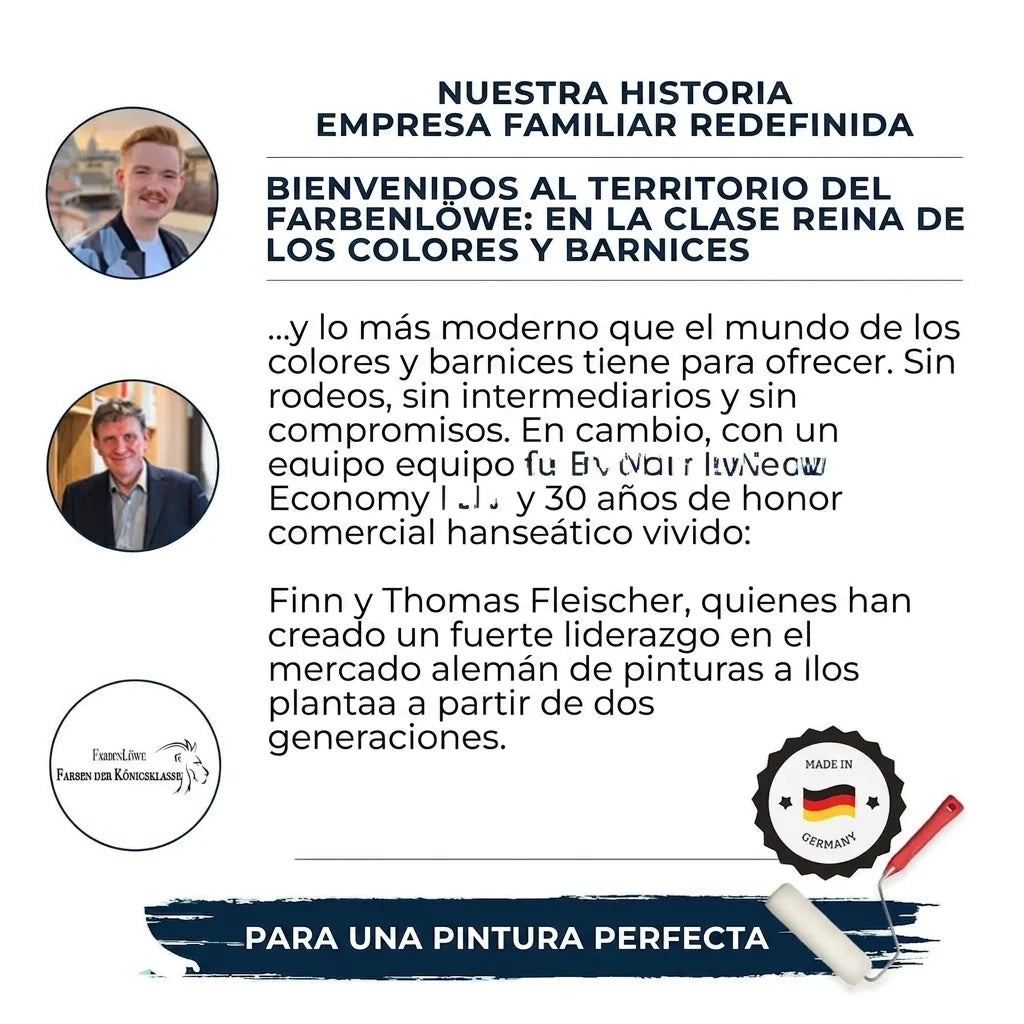Gráfico de marketing de Farbenlöwe: historia familiar, Finn y Thomas Fleischer. Calidad alemana en pinturas y lacas.