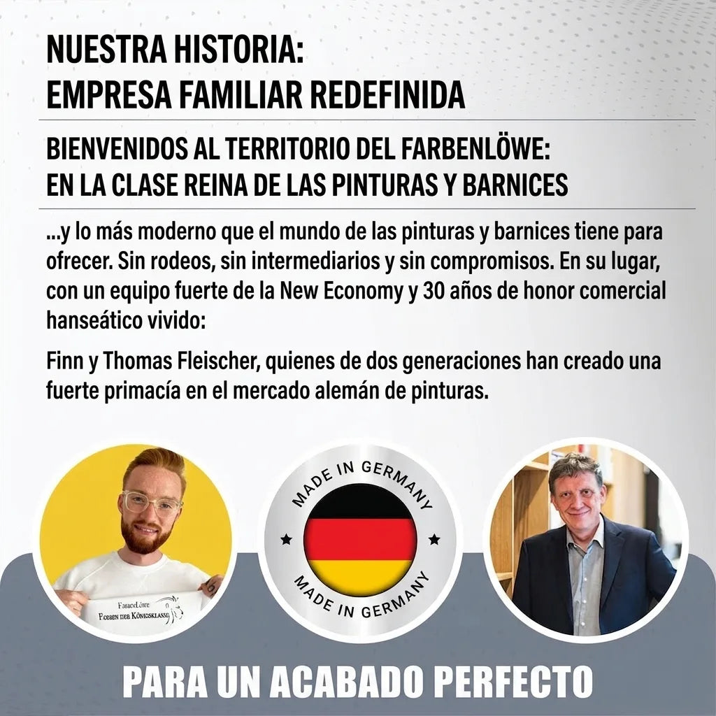 Publicidad de Farbenlöwe: empresa familiar alemana de pinturas, con dos generaciones y calidad "Hecho en Alemania".