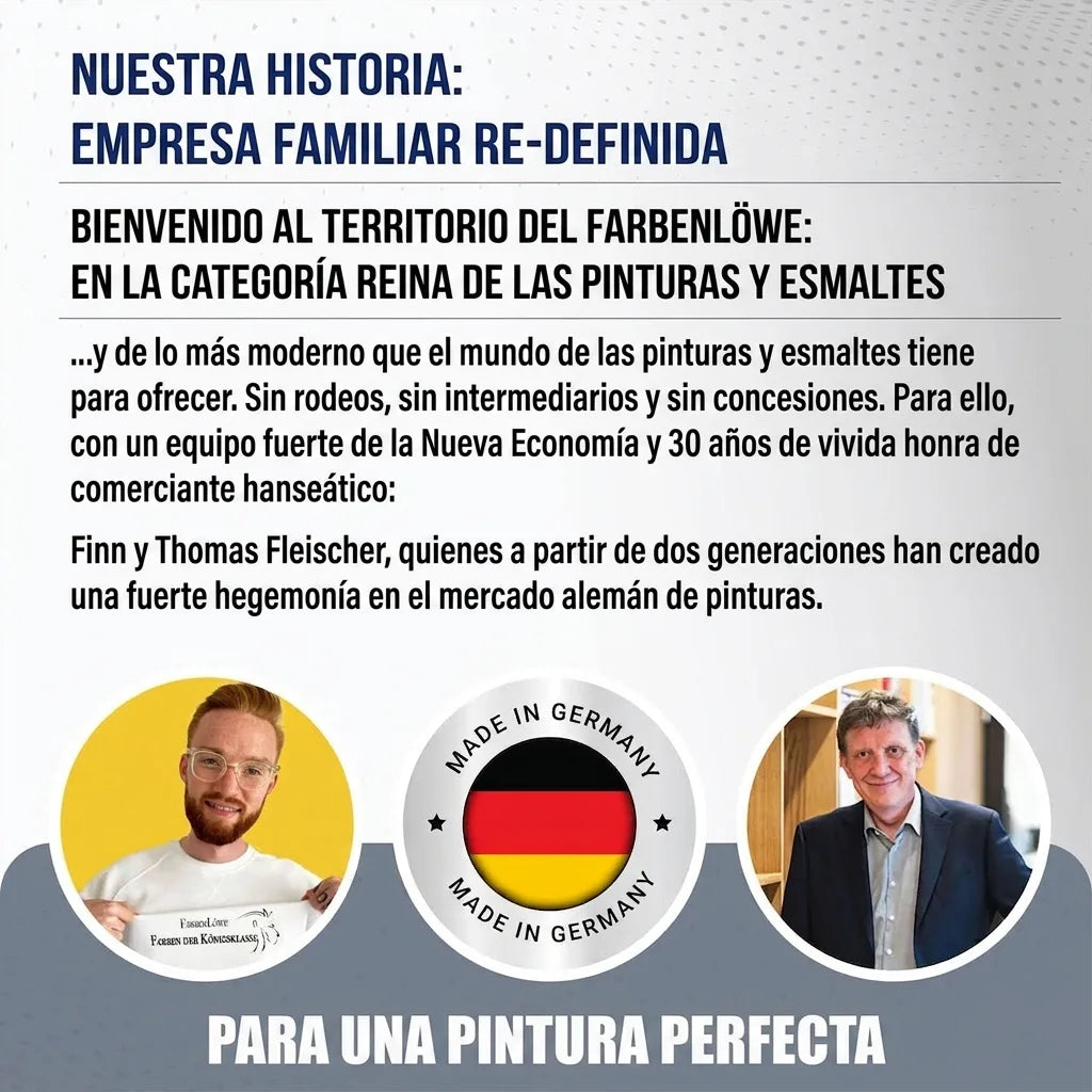 Historia de empresa familiar alemana de pinturas, calidad premium, venta directa, fundadores y sello 'Hecho en Alemania'.