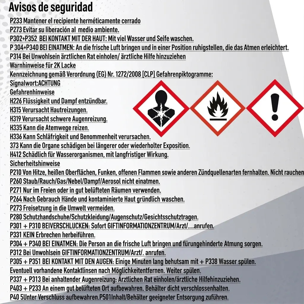 Advertencias de seguridad y pictogramas de peligro en alemán para productos químicos, probablemente lacas 2K.