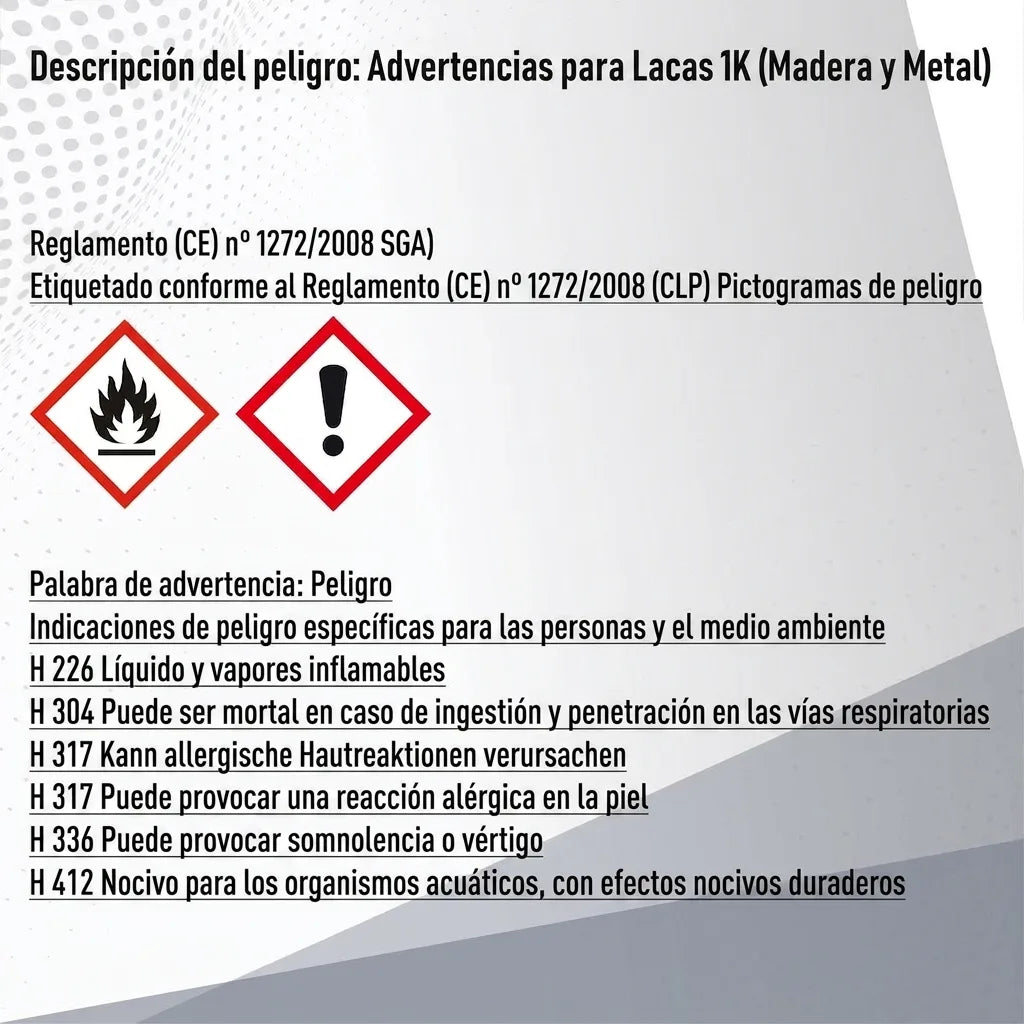 Etiqueta de advertencia de seguridad para pinturas 1K, con pictogramas de peligro GHS y frases H.