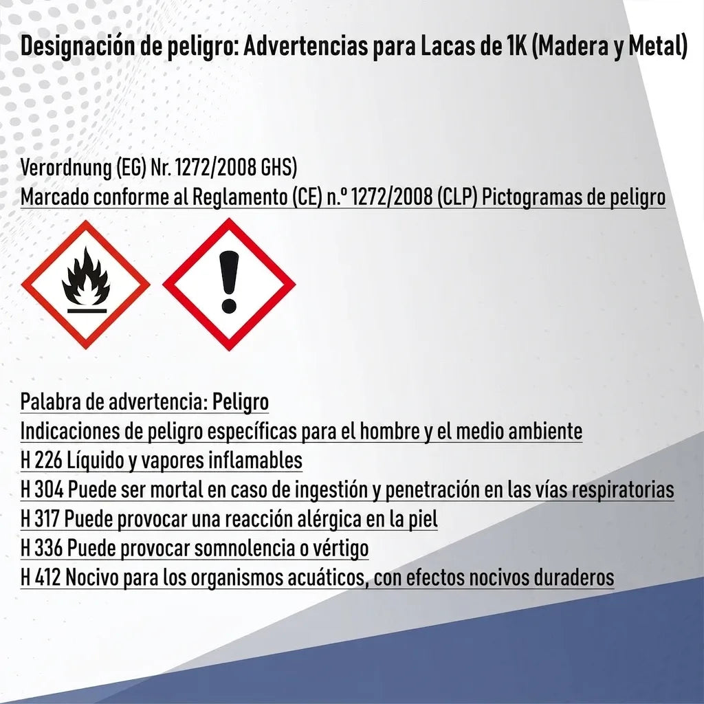 Advertencias de seguridad GHS/CLP para lacas 1K (madera y metal) con pictogramas y frases de peligro.