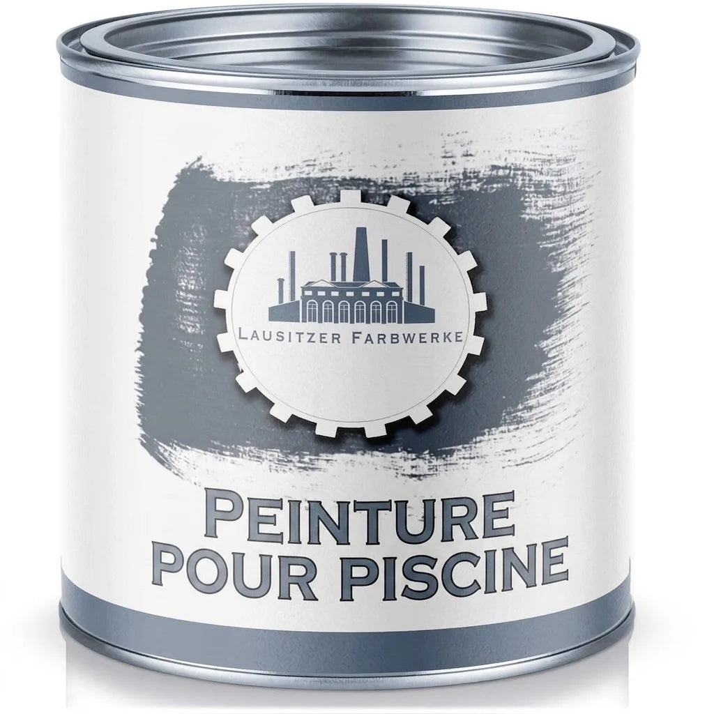 Pot de peinture gris-bleu pour piscine, marque Lausitzer Farbwerke, avec logo d'usine et échantillon de couleur.