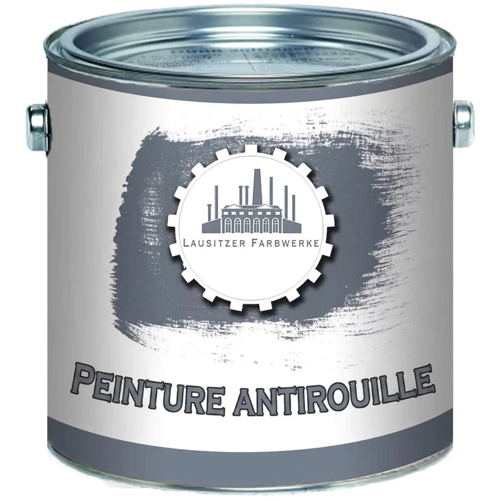 Pot de peinture gris avec le texte 'ROSTSCHUTZFARBE' (peinture anti-rouille) et le logo Lausitzer Farbwerke.