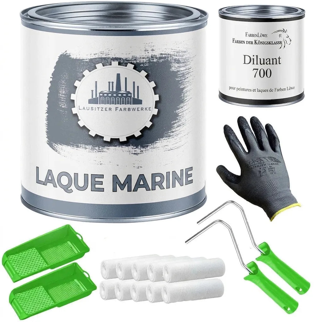 Kit complet pour peinture bateau : vernis, diluant, rouleaux, poignées et bacs à peinture, gant.