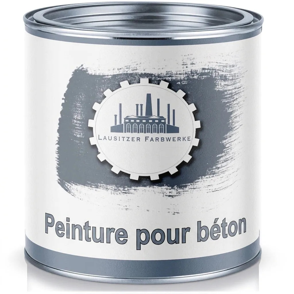 Pot de peinture grise pour béton 'Lausitzer Farbwerke'. Design industriel avec échantillon de couleur.
