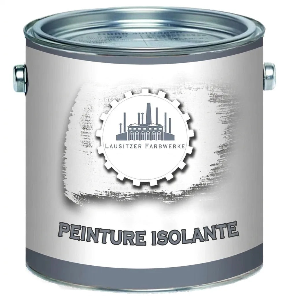 Pot de peinture isolante grise Lausitzer Farbwerke, avec logo d'usine et fond brossé blanc.