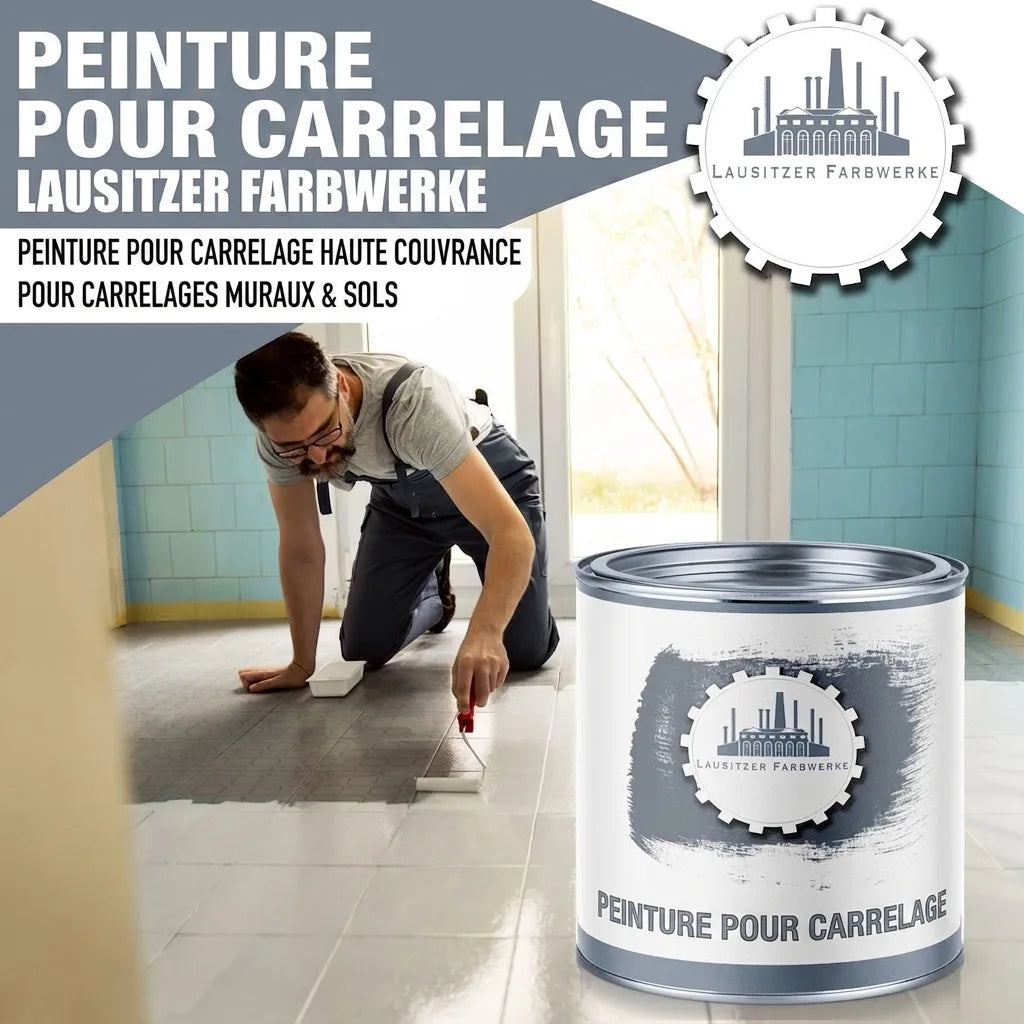 Peinture à carrelage Lausitzer Farbwerke, hautement couvrante pour murs et sols, avec un homme peignant le sol.