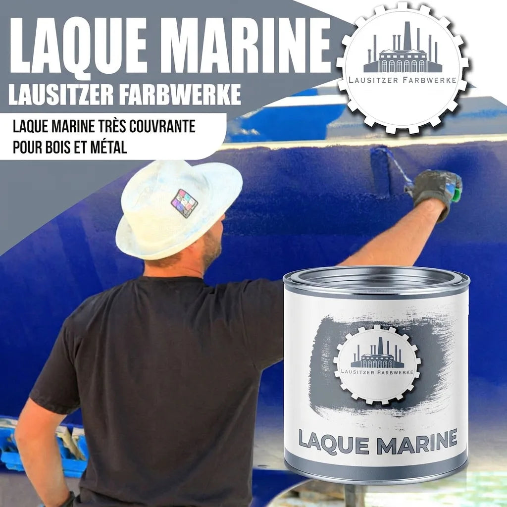 Publicité peinture bateau Lausitzer Farbwerke. Homme peint coque bleue, pot de peinture haute couvrance bois/métal.