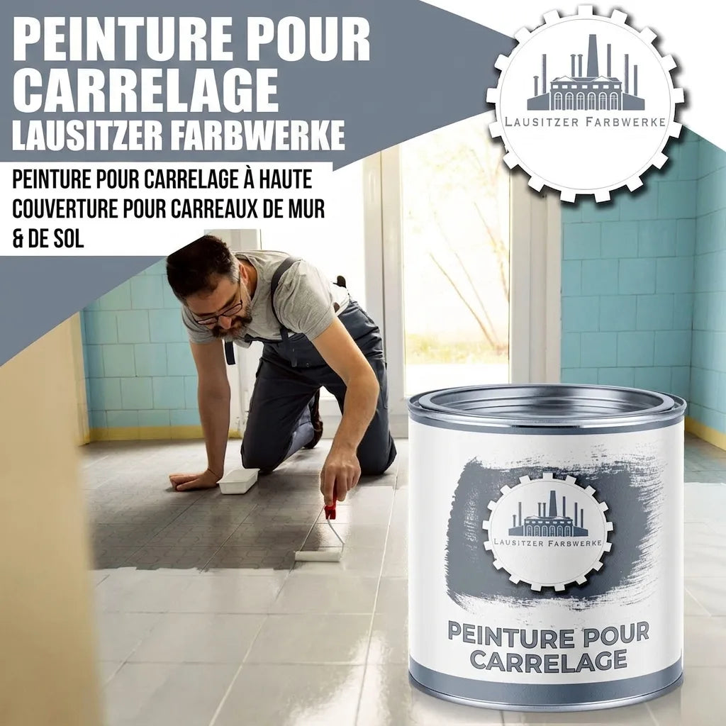 Homme peint des carreaux de sol avec la peinture pour carrelage Lausitzer Farbwerke, pour murs et sols.