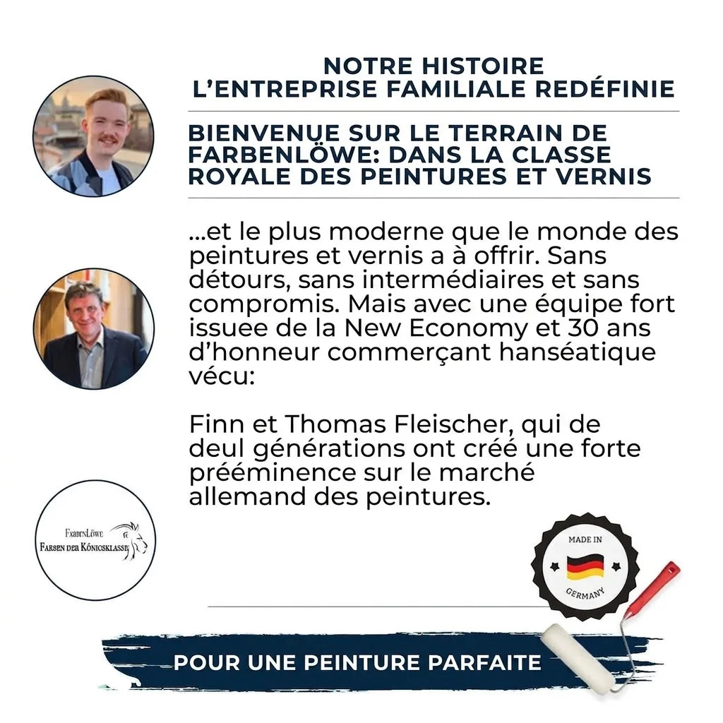 Présentation de l'entreprise familiale FarbenLöwe, spécialiste des peintures, avec photos et logo. Qualité allemande.