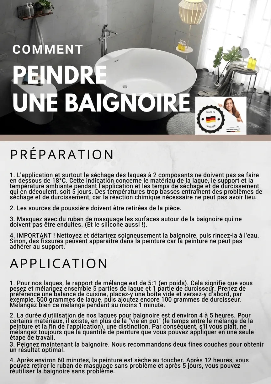 Instructions détaillées pour peindre une baignoire, incluant la préparation et l'application du revêtement.