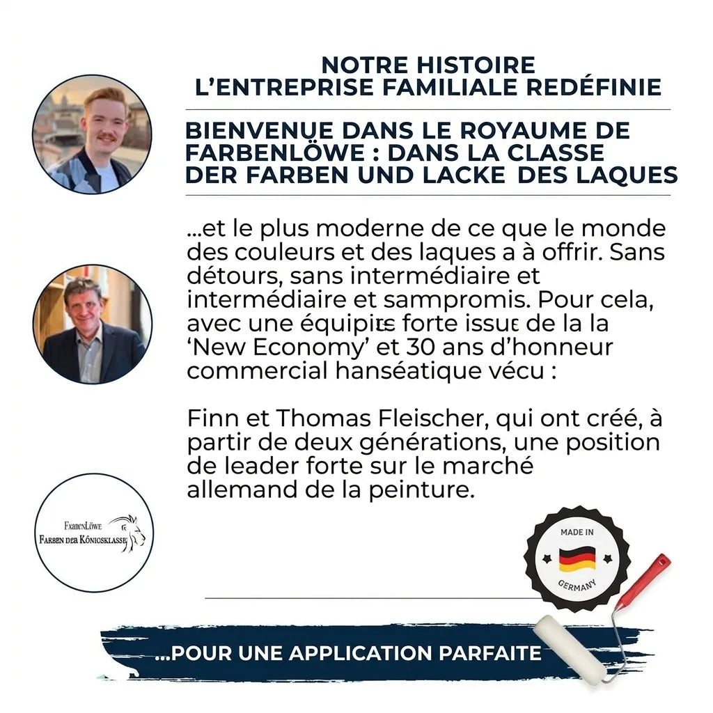 Finn et Thomas Fleischer de Farbenlöwe. Texte allemand sur l'entreprise familiale, les peintures et vernis de qualité 'Made in Germany'.
