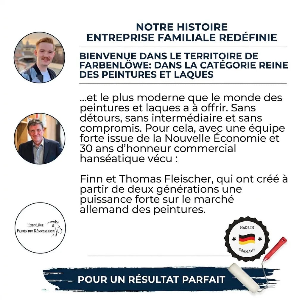 Graphique marketing présentant l'histoire de Farbenlöwe, une entreprise familiale, avec les portraits de Finn et Thomas Fleischer, soulignan