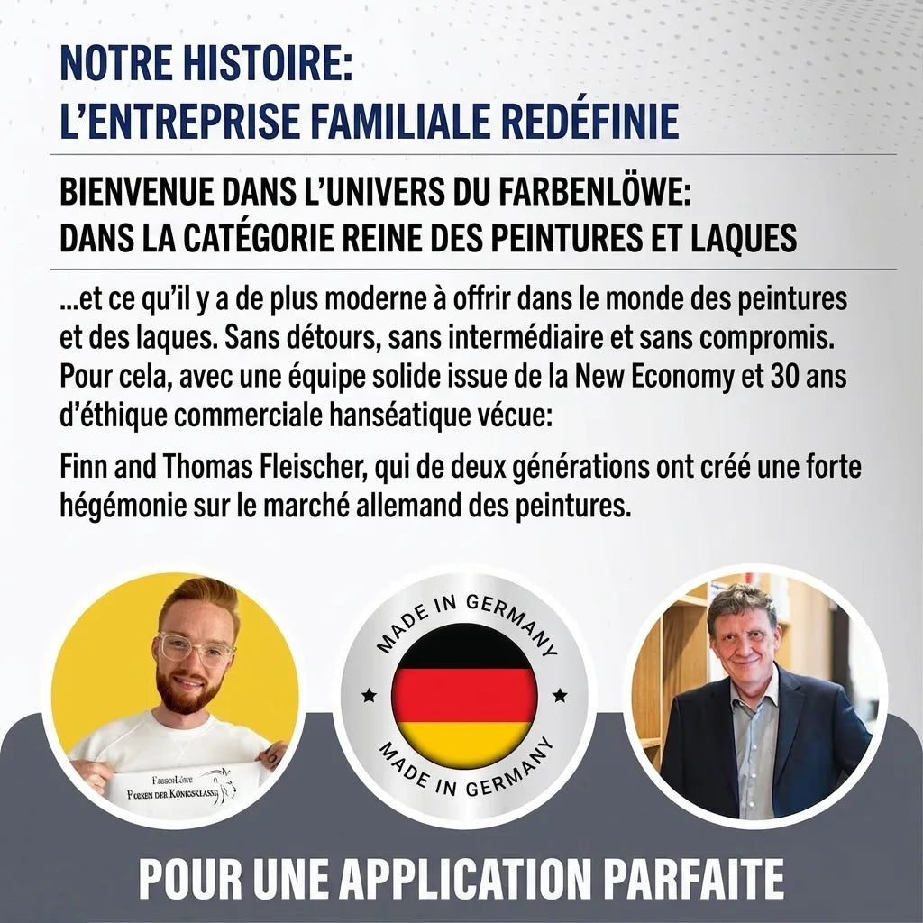Publicité Farbenlöwe sur l'histoire de cette entreprise familiale allemande de peintures et vernis, Made in Germany.