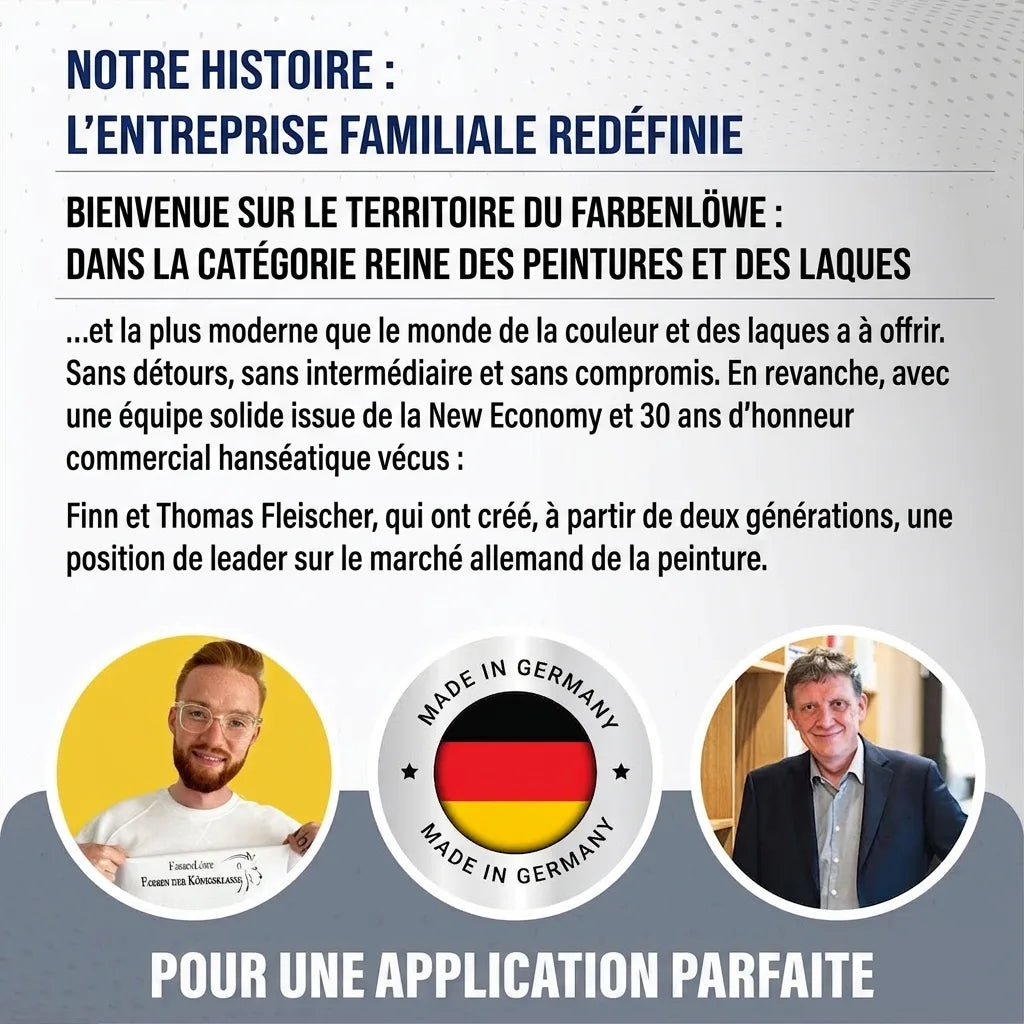 Annonce pour Farbenlöwe, entreprise familiale allemande de peinture et laques, soulignant qualité et héritage.