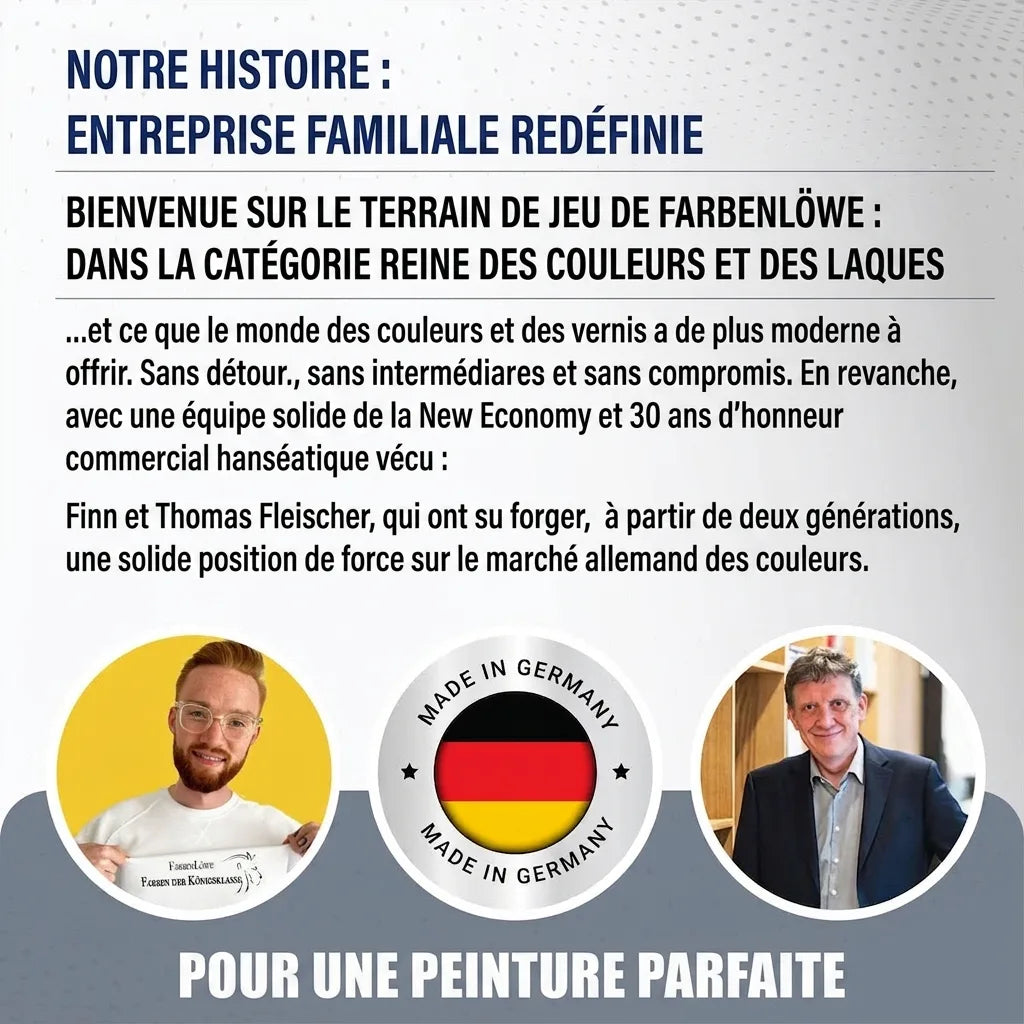 Histoire d'une entreprise familiale redéfinissant les peintures et vernis de qualité supérieure. Présente les fondateurs Finn et Thomas Flei