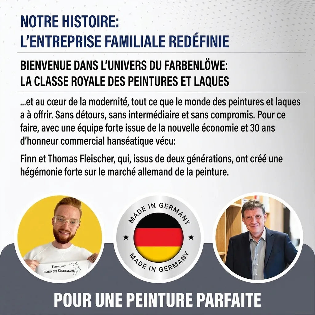 Présentation de l'entreprise familiale allemande Farbenlöwe dans l'industrie de la peinture, avec deux fondateurs.