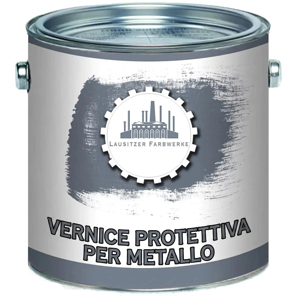 Barattolo di pittura antiruggine grigia con testo 'Rostschutzfarbe' e logo Lausitzer Farbwerke.
