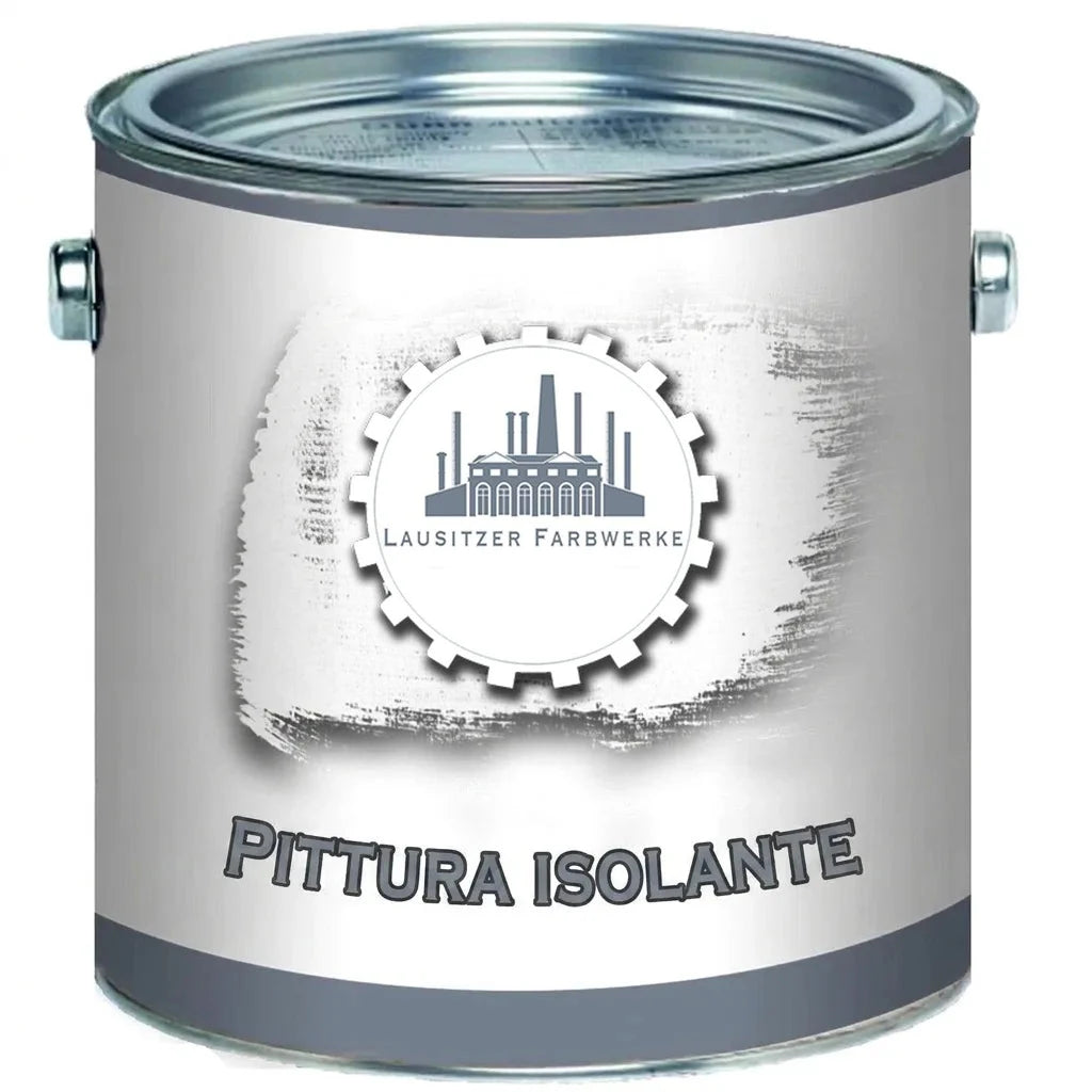 Barattolo di vernice isolante grigio con logo Lausitzer Farbwerke.